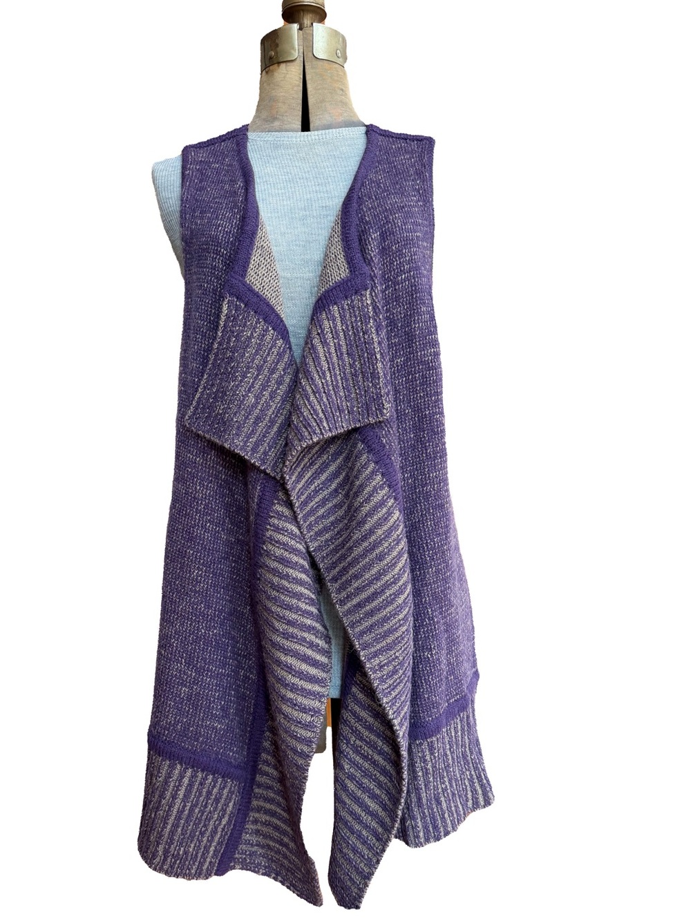 Alpaca Wool Blend Purple and Tan Patterned Open Cardigan Vest Shawl Collar